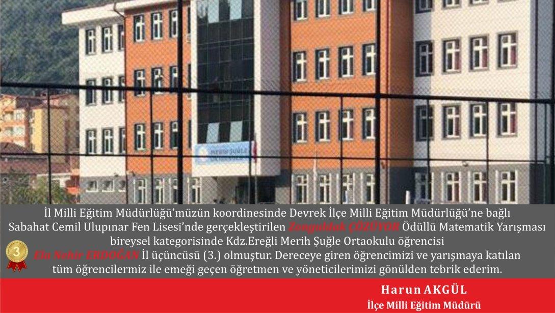 Zonguldak Çözüyor yarışmasında Merih Şuğle Ortaokulu öğrencmiz Ela Nehir ERDOĞAN 3. olmuştur.